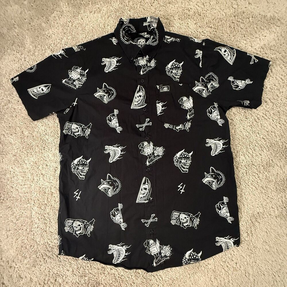 Lurking Class Button Down Shirt Mens Medium Black Grim Reaper Skull Sketchy